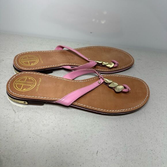 Lilly Pulitzer via Palm Beach Pink Leather Thong Sandals w/Gold Shells - Sz 10M - Picture 2 of 7